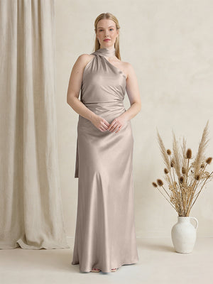 Satin One Shoulder Sleeveless Maxi Bridesmaid Dresses with Scarf