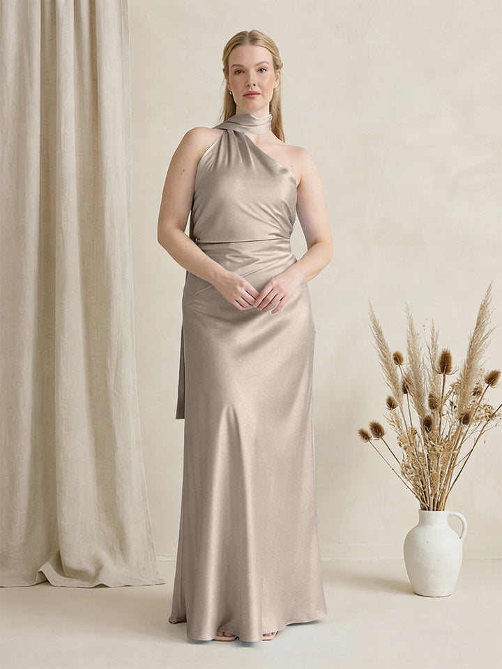 Satin One Shoulder Sleeveless Maxi Bridesmaid Dresses with Scarf
