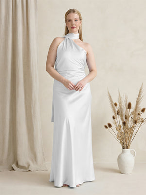 Satin One Shoulder Sleeveless Maxi Bridesmaid Dresses with Scarf