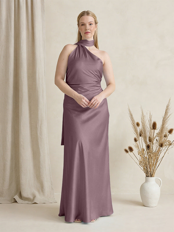 Satin One Shoulder Sleeveless Maxi Bridesmaid Dresses with Scarf