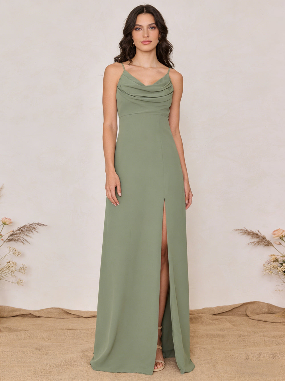 Chiffon Spaghetti Straps Cowl Neck Maxi Bridesmaid Dresses with Slit