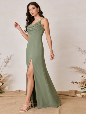 Chiffon Spaghetti Straps Cowl Neck Maxi Bridesmaid Dresses with Slit