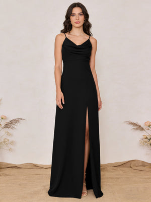 Chiffon Spaghetti Straps Cowl Neck Maxi Bridesmaid Dresses with Slit
