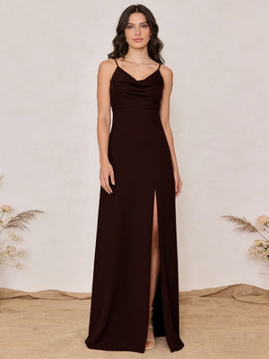 Chiffon Spaghetti Straps Cowl Neck Maxi Bridesmaid Dresses with Slit