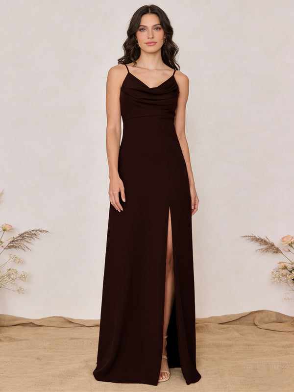 Chiffon Spaghetti Straps Cowl Neck Maxi Bridesmaid Dresses with Slit