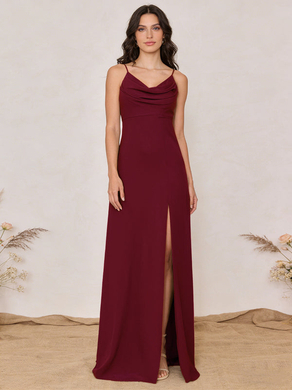 Chiffon Spaghetti Straps Cowl Neck Maxi Bridesmaid Dresses with Slit