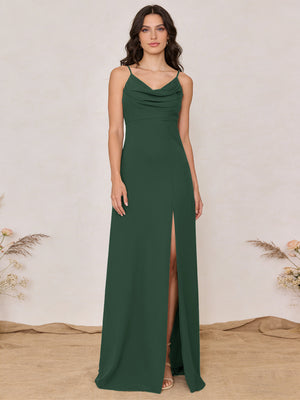 Chiffon Spaghetti Straps Cowl Neck Maxi Bridesmaid Dresses with Slit