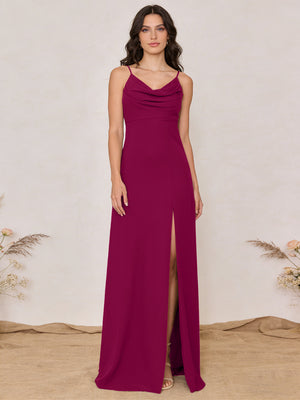 Chiffon Spaghetti Straps Cowl Neck Maxi Bridesmaid Dresses with Slit