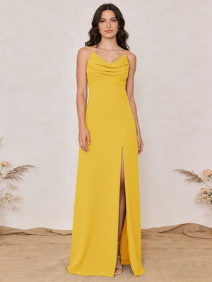 Chiffon Spaghetti Straps Cowl Neck Maxi Bridesmaid Dresses with Slit