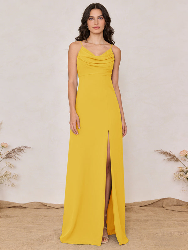 Chiffon Spaghetti Straps Cowl Neck Maxi Bridesmaid Dresses with Slit