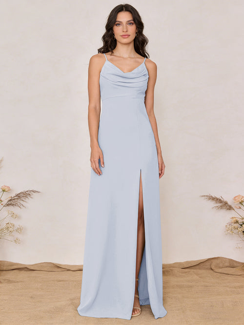 Chiffon Spaghetti Straps Cowl Neck Maxi Bridesmaid Dresses with Slit
