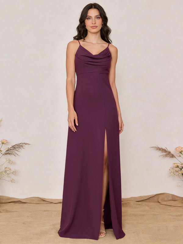 Chiffon Spaghetti Straps Cowl Neck Maxi Bridesmaid Dresses with Slit