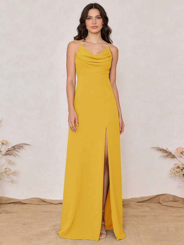 Chiffon Spaghetti Straps Cowl Neck Maxi Bridesmaid Dresses with Slit
