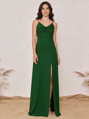 Chiffon Spaghetti Straps Cowl Neck Maxi Bridesmaid Dresses with Slit