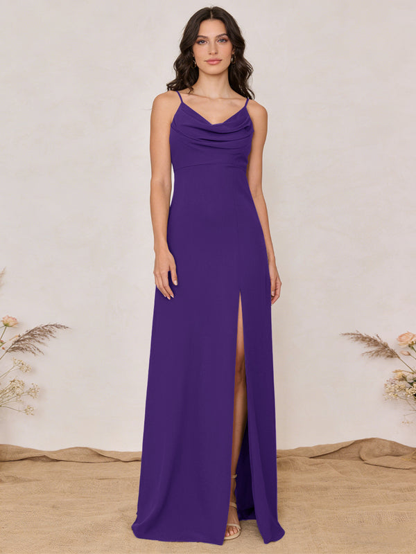 Chiffon Spaghetti Straps Cowl Neck Maxi Bridesmaid Dresses with Slit