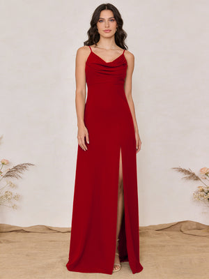Chiffon Spaghetti Straps Cowl Neck Maxi Bridesmaid Dresses with Slit