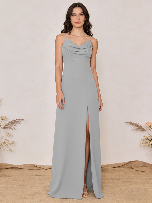 Chiffon Spaghetti Straps Cowl Neck Maxi Bridesmaid Dresses with Slit