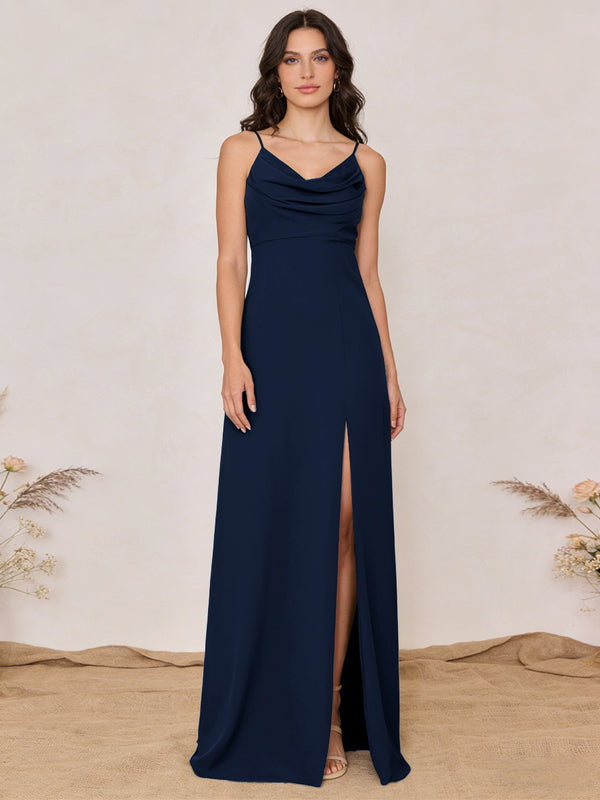 Chiffon Spaghetti Straps Cowl Neck Maxi Bridesmaid Dresses with Slit