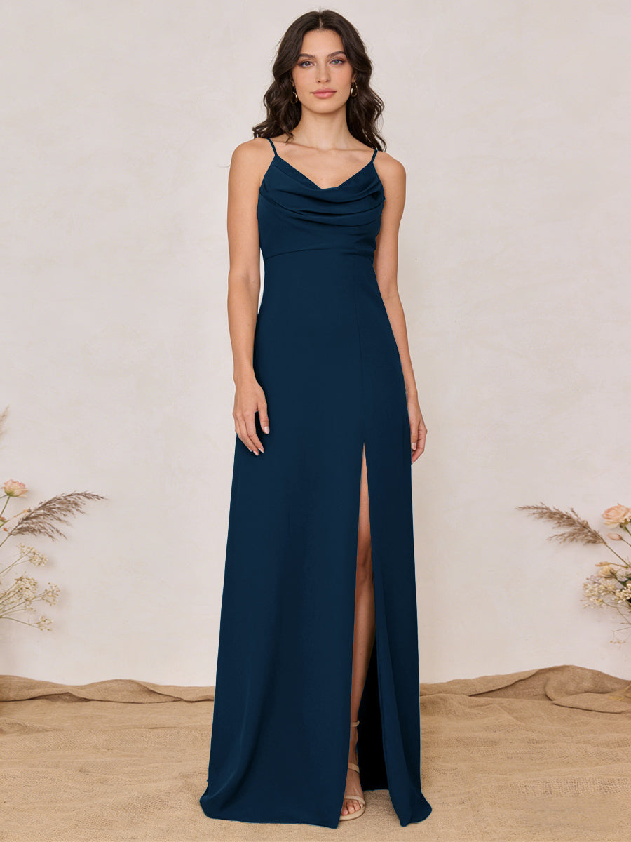 Chiffon Spaghetti Straps Cowl Neck Maxi Bridesmaid Dresses with Slit
