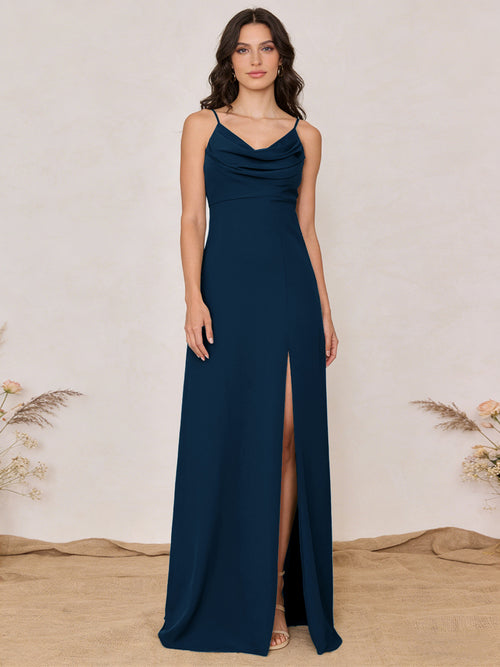Chiffon Spaghetti Straps Cowl Neck Maxi Bridesmaid Dresses with Slit