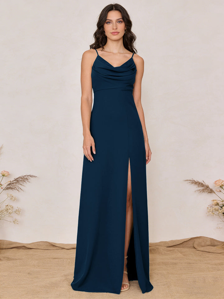 Chiffon Spaghetti Straps Cowl Neck Maxi Bridesmaid Dresses with Slit
