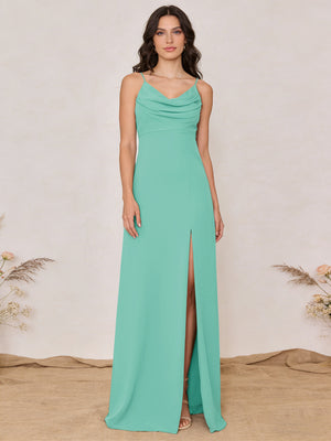 Chiffon Spaghetti Straps Cowl Neck Maxi Bridesmaid Dresses with Slit