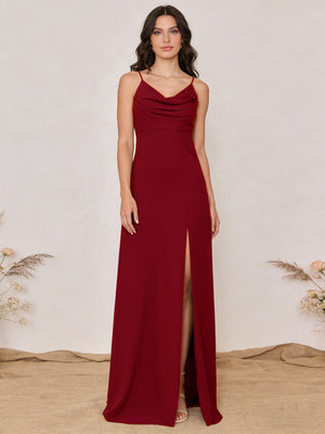 Chiffon Spaghetti Straps Cowl Neck Maxi Bridesmaid Dresses with Slit