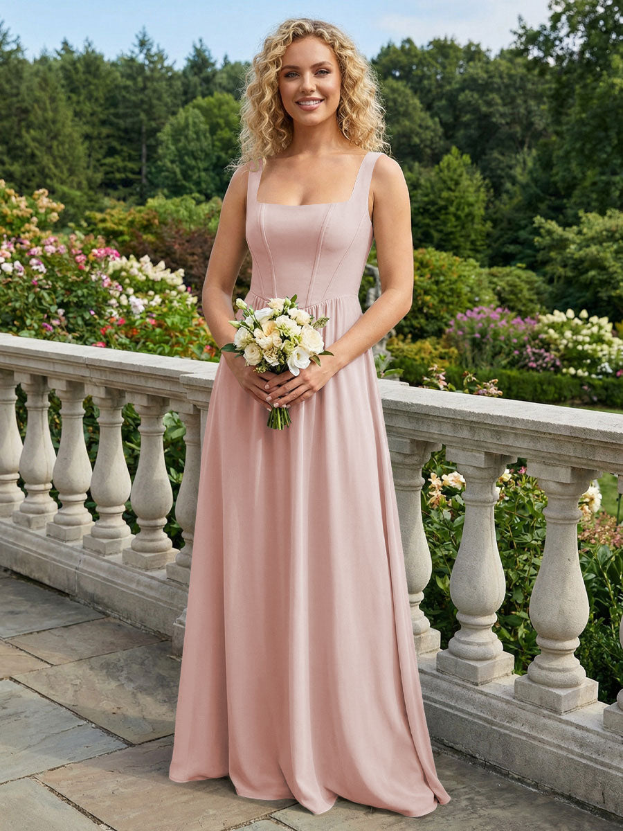 Chiffon Square Neck Maxi Bridesmaid Dresses with Backless