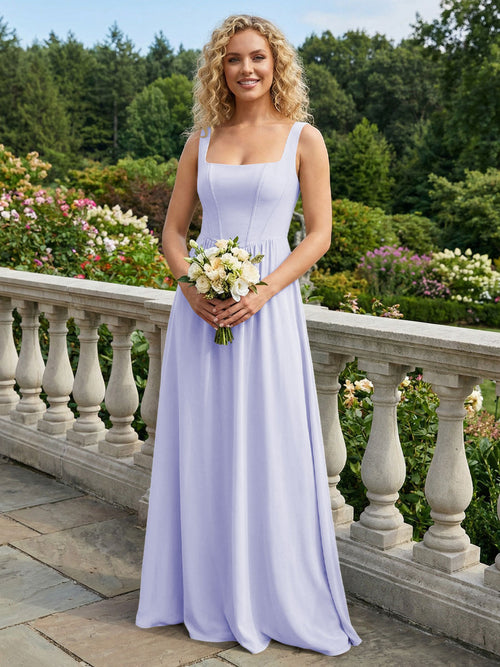 Chiffon Square Neck Maxi Bridesmaid Dresses with Backless