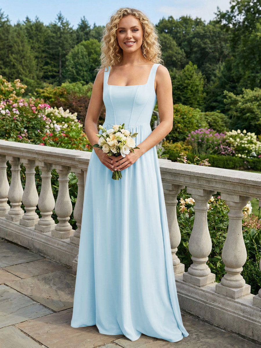 Chiffon Square Neck Maxi Bridesmaid Dresses with Backless