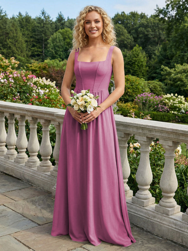 Chiffon Square Neck Maxi Bridesmaid Dresses with Backless