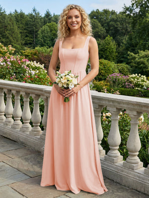 Chiffon Square Neck Maxi Bridesmaid Dresses with Backless