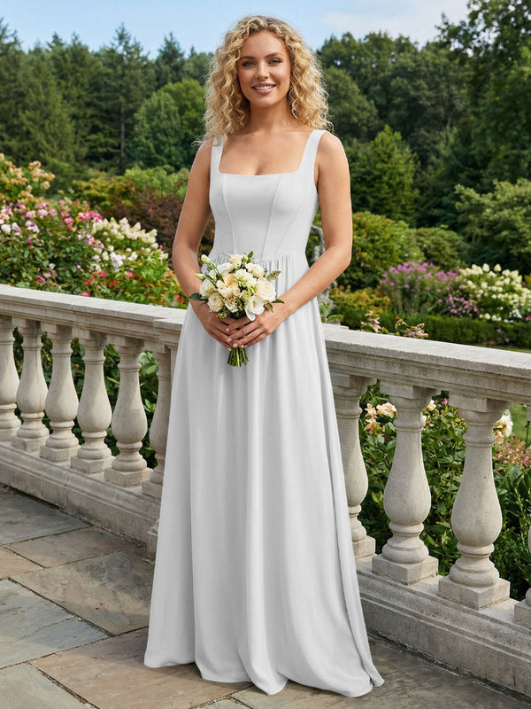 Chiffon Square Neck Maxi Bridesmaid Dresses with Backless