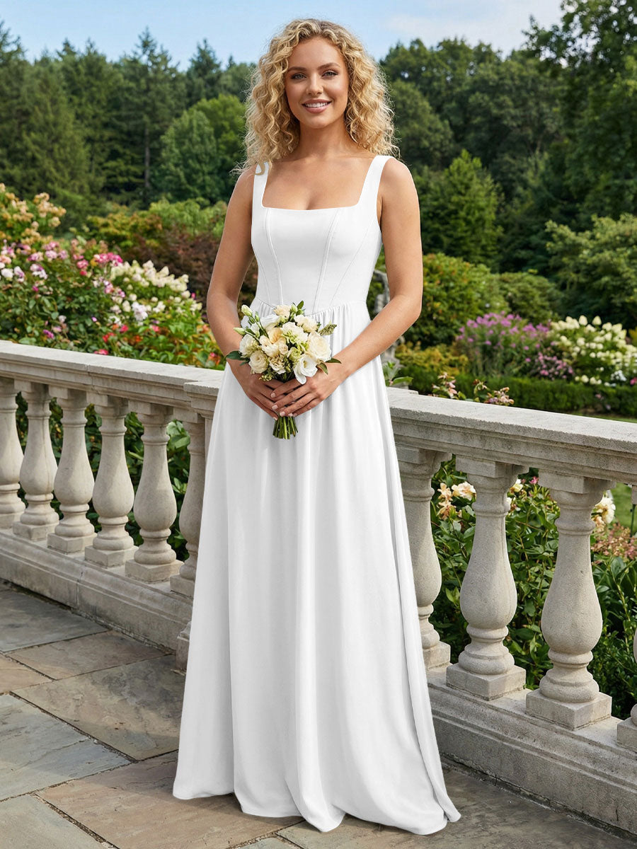 Chiffon Square Neck Maxi Bridesmaid Dresses with Backless