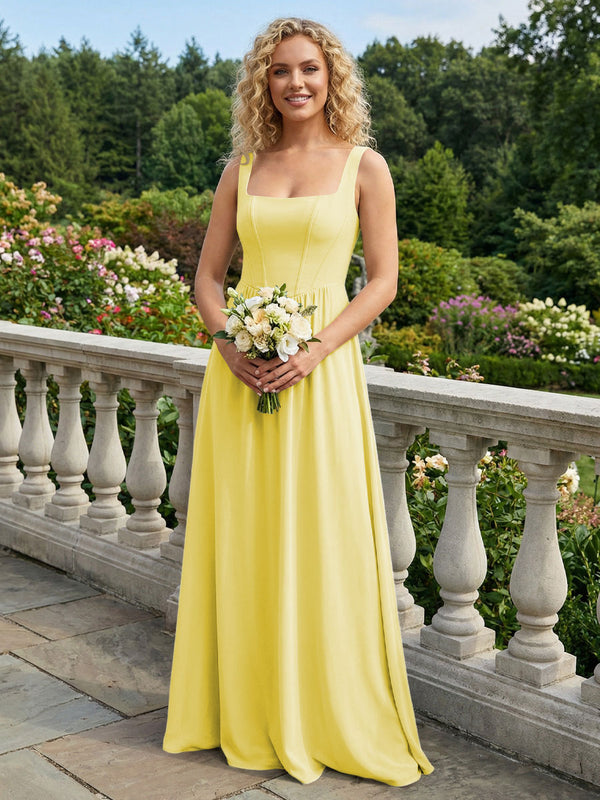 Chiffon Square Neck Maxi Bridesmaid Dresses with Backless