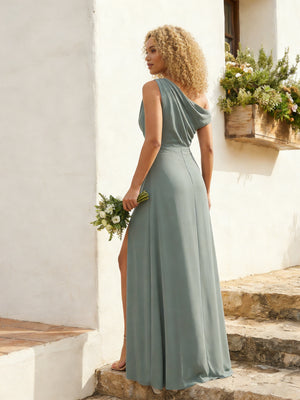 Chiffon Off the Shoulder Pleated Maxi Bridesmaid Dresses with Slit