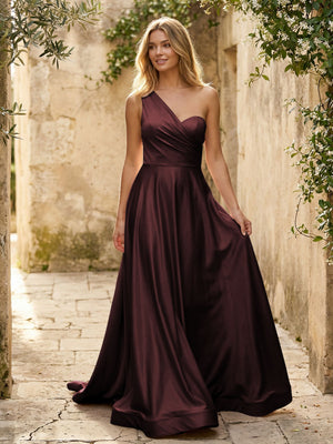 Satin A Line One Shoulder Princess Corset Bridesmaid Dresses
