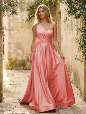 Satin A Line One Shoulder Princess Corset Bridesmaid Dresses