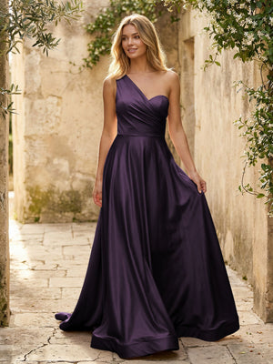 Satin A Line One Shoulder Princess Corset Bridesmaid Dresses