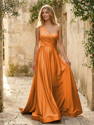 Satin A Line One Shoulder Princess Corset Bridesmaid Dresses