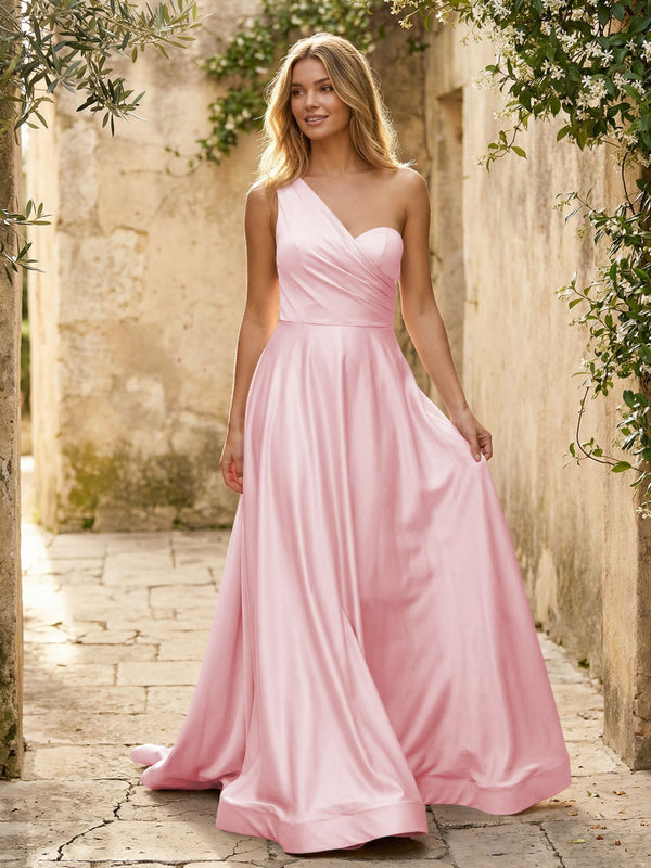 Satin A Line One Shoulder Princess Corset Bridesmaid Dresses