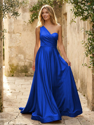 Satin A Line One Shoulder Princess Corset Bridesmaid Dresses