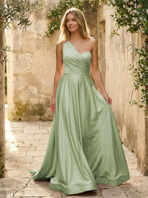 Satin A Line One Shoulder Princess Corset Bridesmaid Dresses