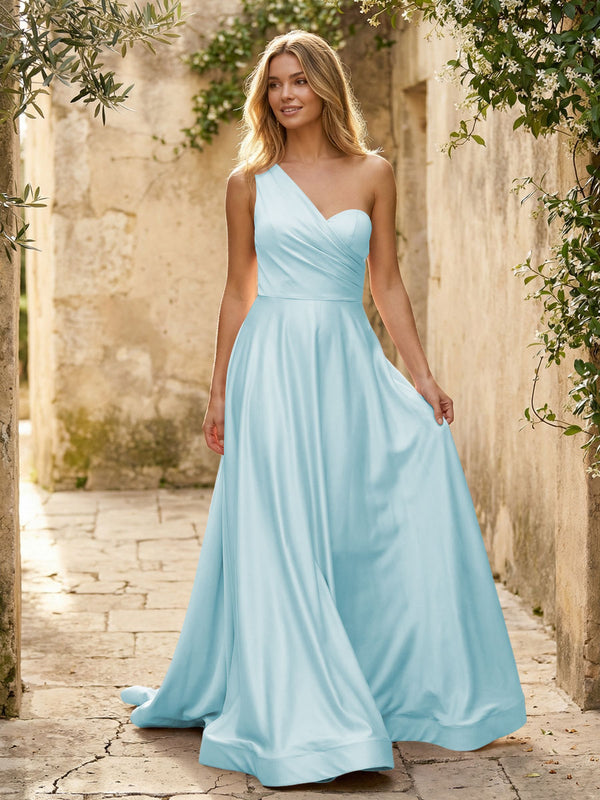 Satin A Line One Shoulder Princess Corset Bridesmaid Dresses