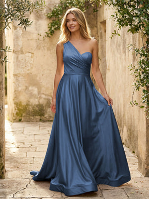 Satin A Line One Shoulder Princess Corset Bridesmaid Dresses