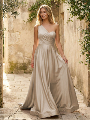 Satin A Line One Shoulder Princess Corset Bridesmaid Dresses