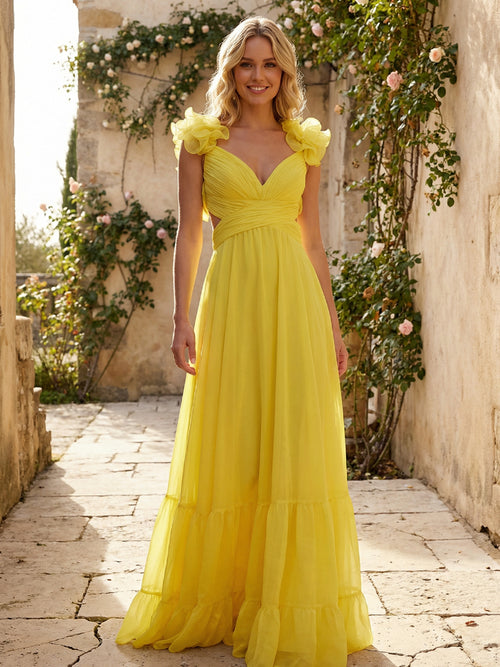 Tulle A Line V Neck Corset Cut Out Wedding Guest Dresses with 3D Flower