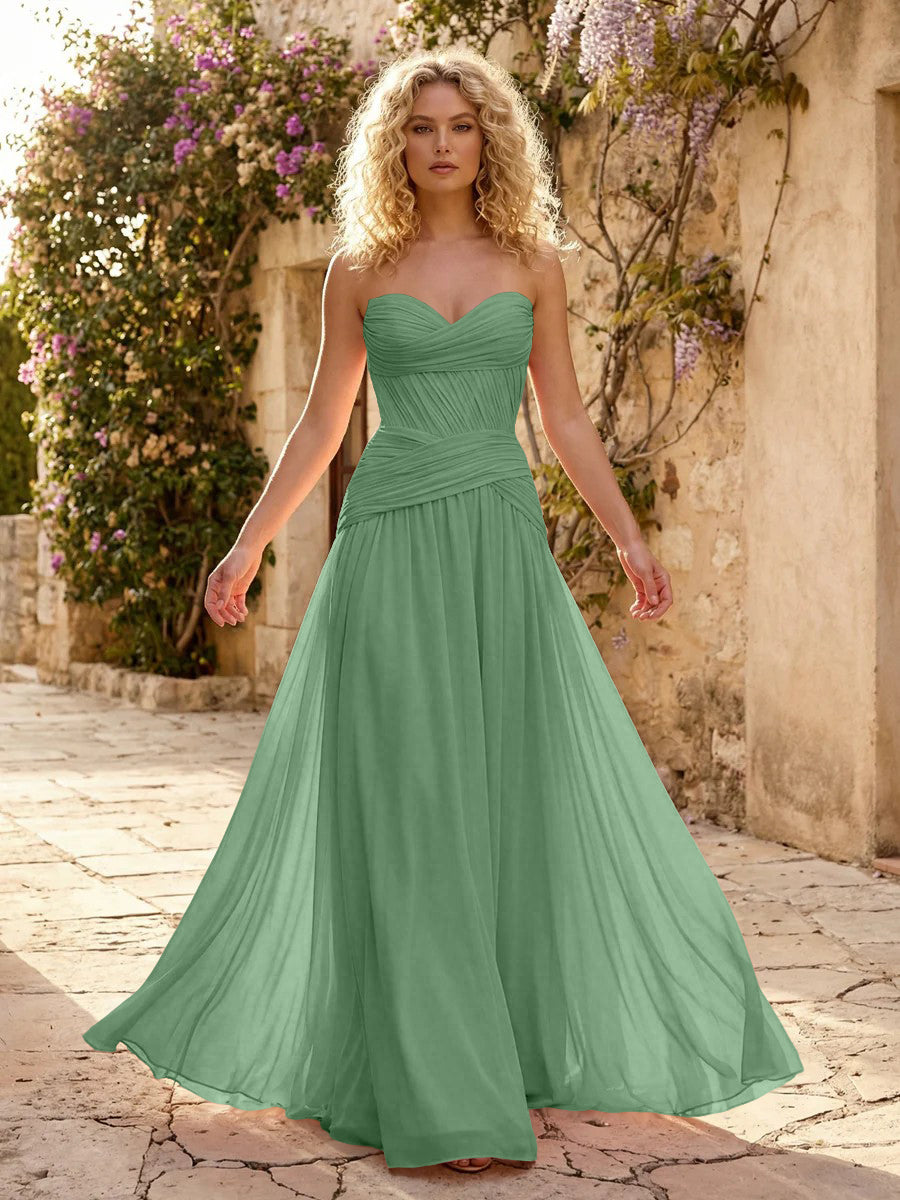 Chiffon A Line Sweetheart Pleated Corset Bridesmaid Dresses