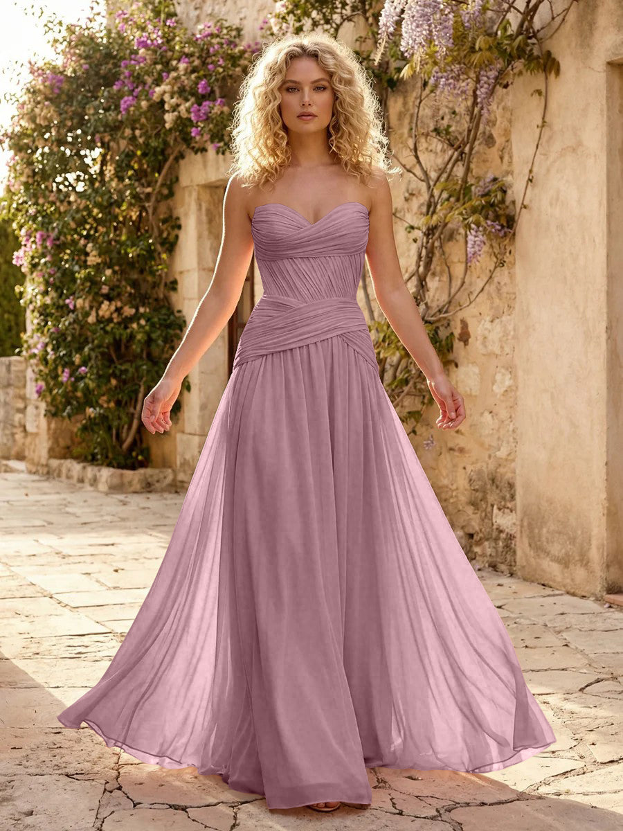 Chiffon A Line Sweetheart Pleated Corset Bridesmaid Dresses