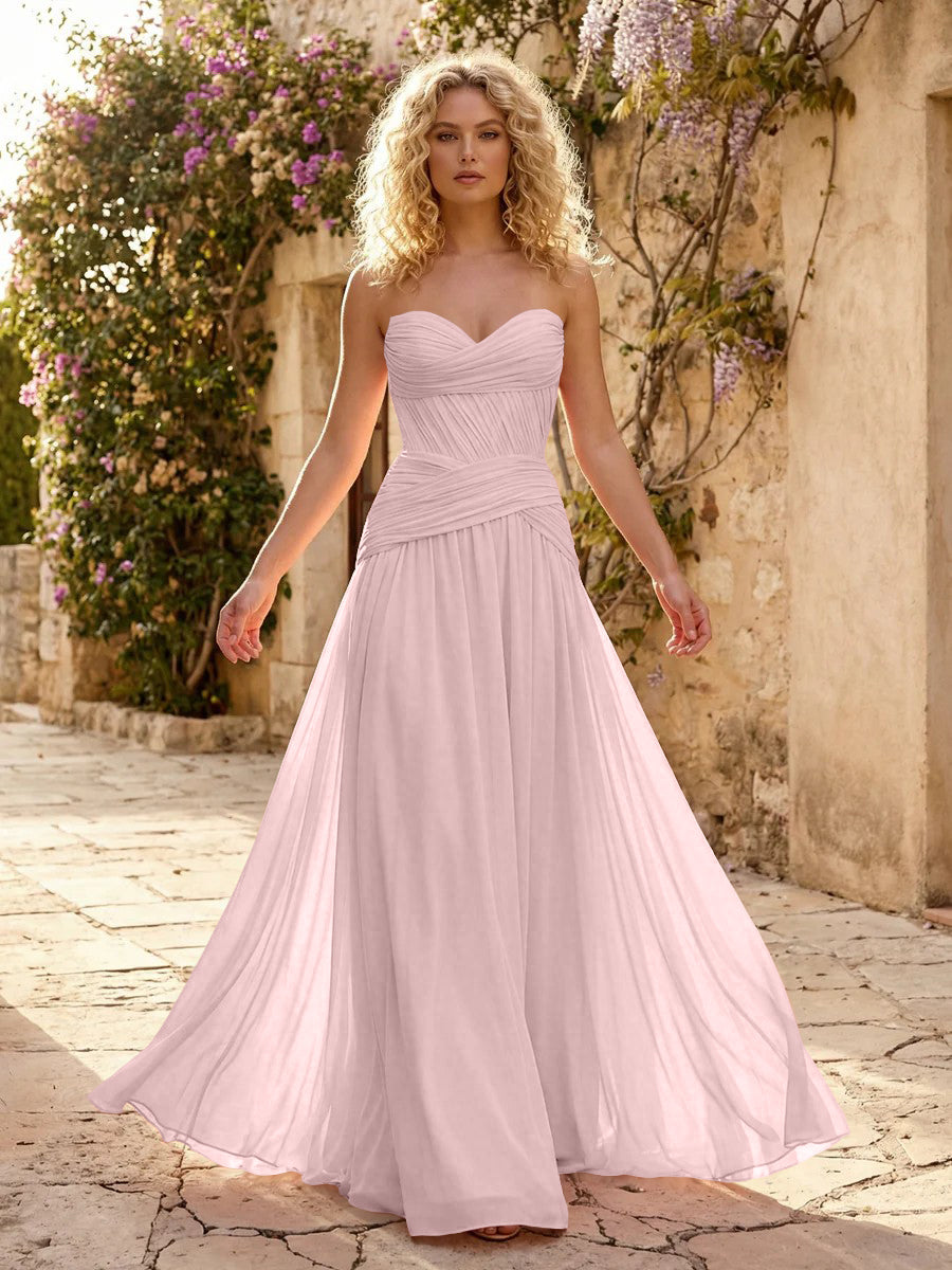 Chiffon A Line Sweetheart Pleated Corset Bridesmaid Dresses
